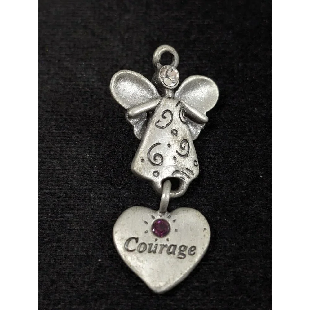 Vtg Gloria Duchin Pewter Angel Courage Charm Brooch Pin Pink Birhtstone‎